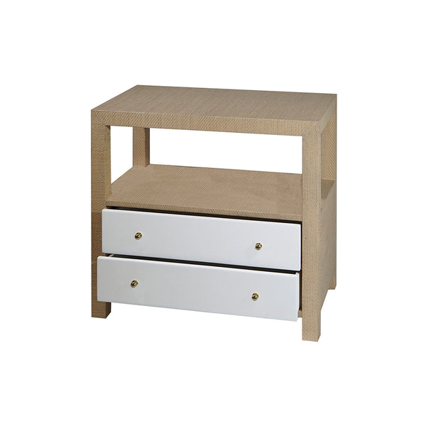 Hannah Natural Grass Cloth Side Table With White Lacquered Linen Drawers
