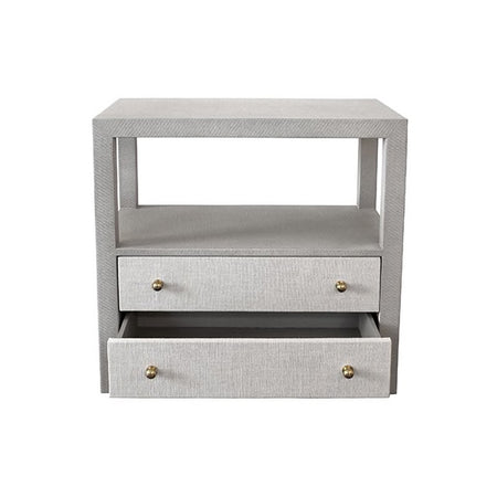 Hannah Grey Grasscloth Side Table with Textured Linen Drawers