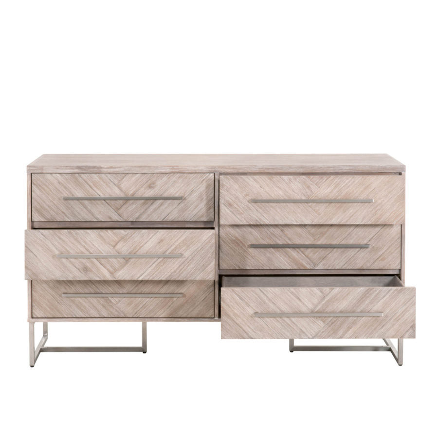 Herringbone Greywash Double Dresser Open Drawers