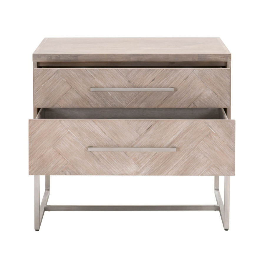 Herringbone Greywash Nightstand Open Drawers