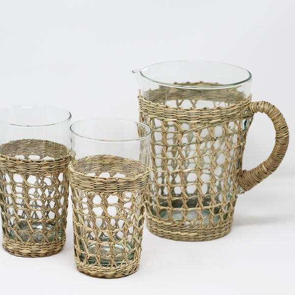 Indochine Caged Seagrass Pitcher and High Ball Glasses