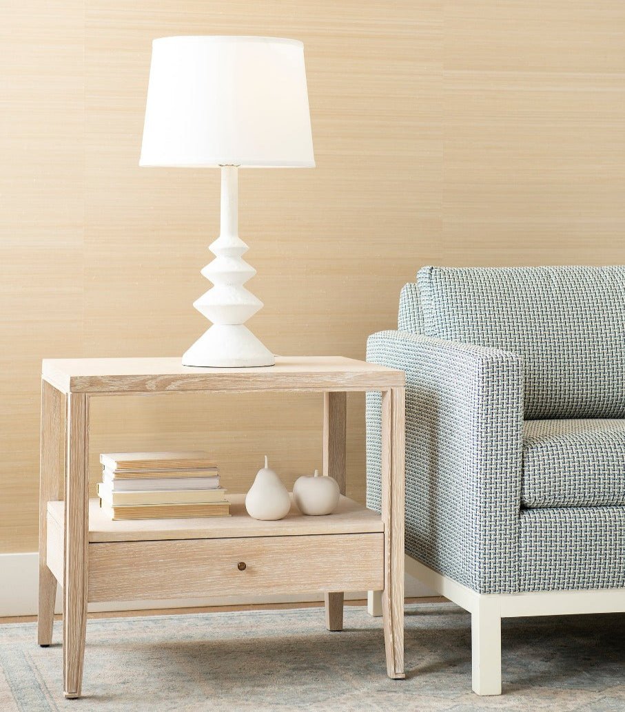 Kira Oak Side Table Styled with white lamp