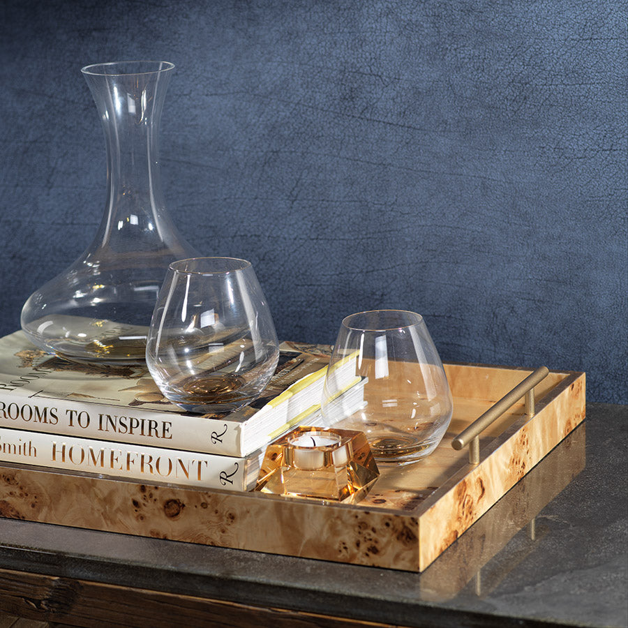 Leiden Burl Tray Styled with wine glasses on bar