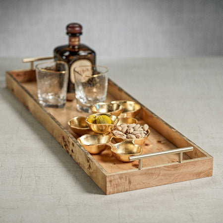 Leiden Long Burl Tray Styled as a bar serving piece