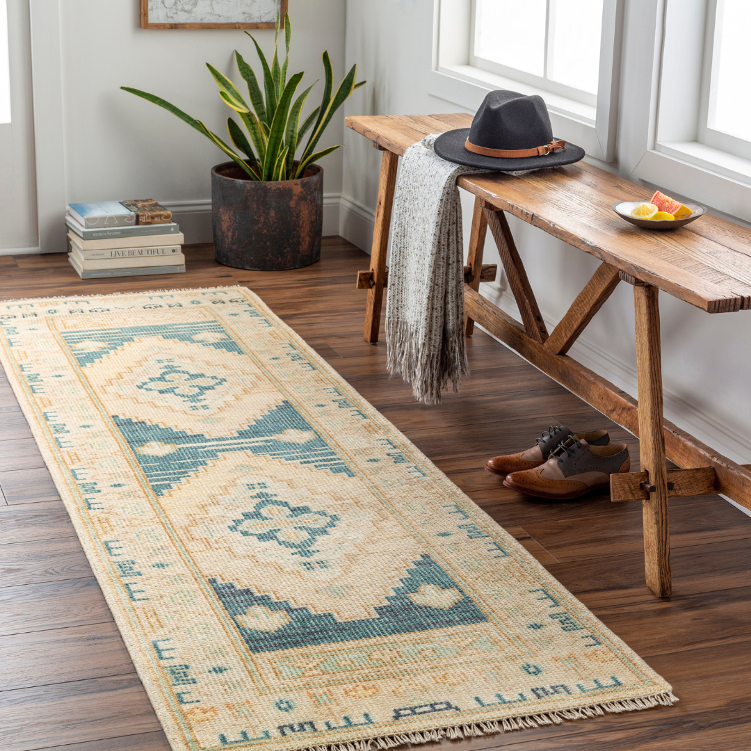 Lodi Rug Styled in entry with wooden bench