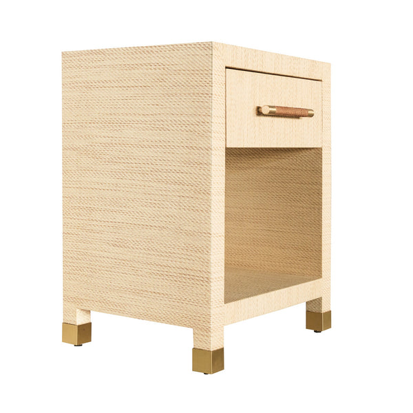 Lowery Natural Grasscloth Side Table with Woven Rattan Linear Hardware