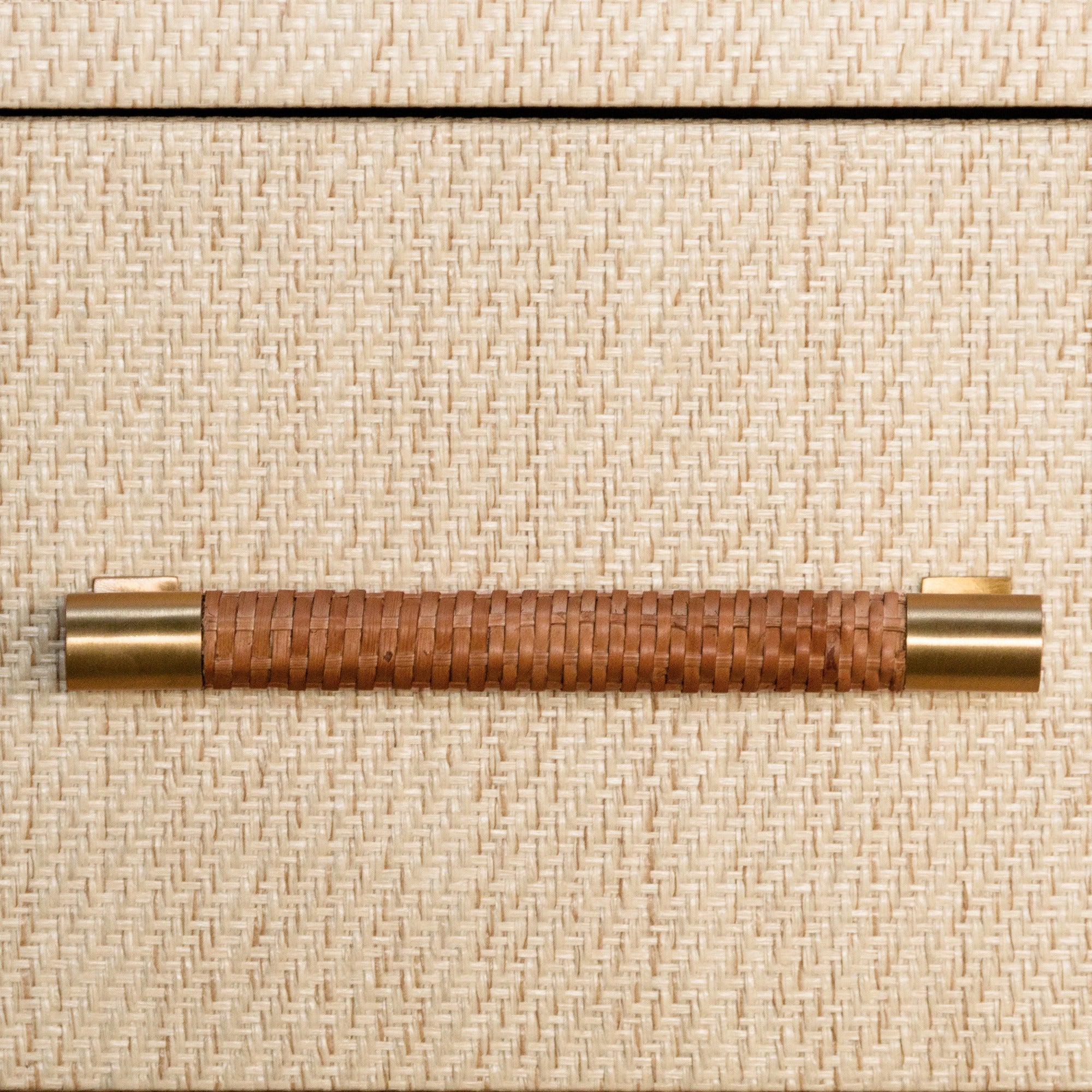 Lowery Natural Grasscloth Side Table Brass and Woven RattanHardware Detail