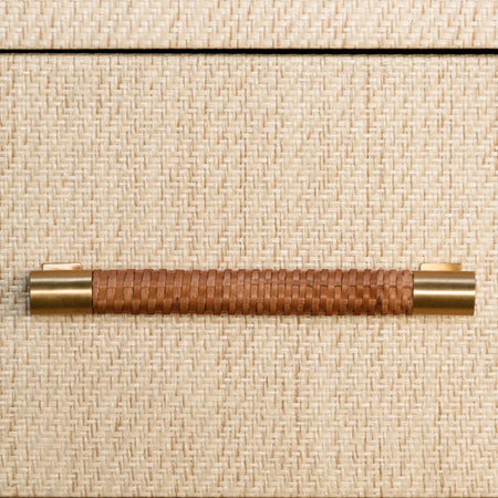 Lowery Natural Grasscloth Side Table Brass and Woven RattanHardware Detail