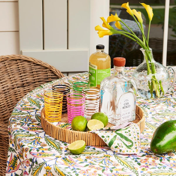 Royal Block Print Table Cloth Styled with Multi Stripe Tea Glasses