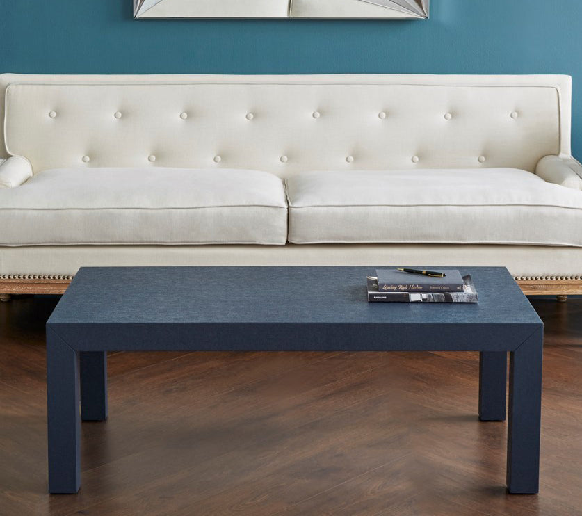 Parsons Navy Grasscloth Coffee Table Styled