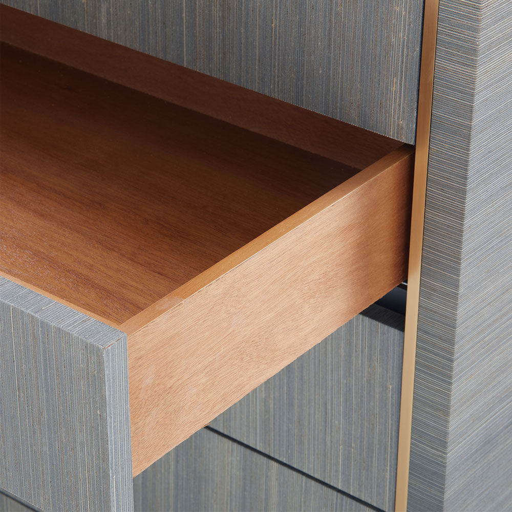 Sadie Slate Blue Chest Drawer Close UpSadie Slate Blue Grasscloth Chest Stained Drawers