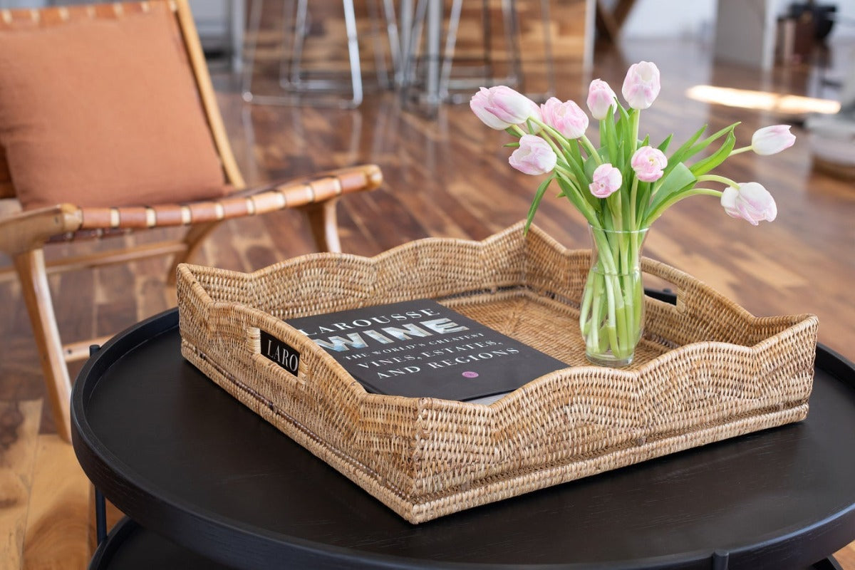 Scalloped Rattan Large Square Tray Styled