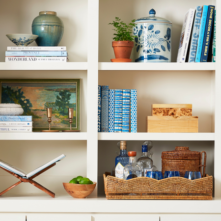 Scalloped Rattan Tray styled with bar essentials - Dear Keaton