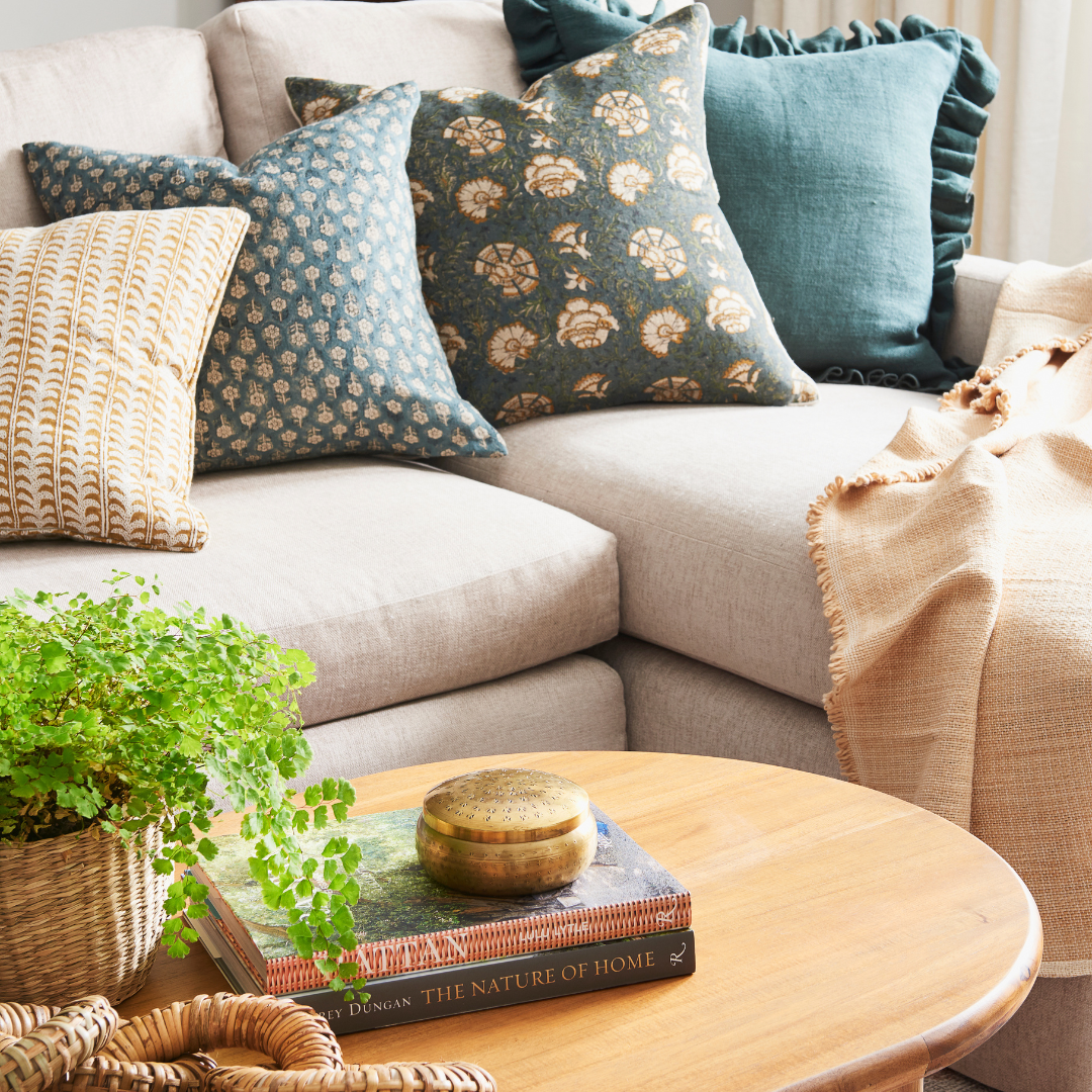 Tulsi Teal Pillow Cover Styled on Sectional Sofa - Dear Keaton