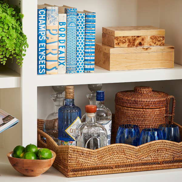Blue French Book Set Styled on Open Shelves with Bar