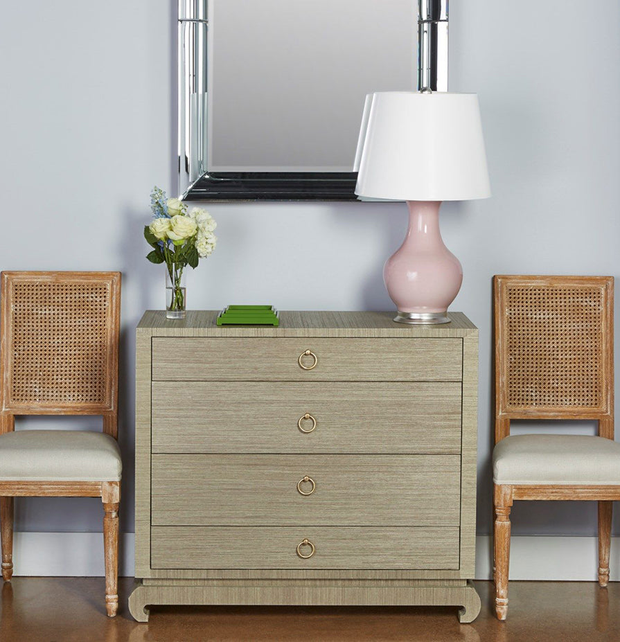 Zen Sage Grasscloth Chest Styled with Beatrice Woven Cane Side Chairs