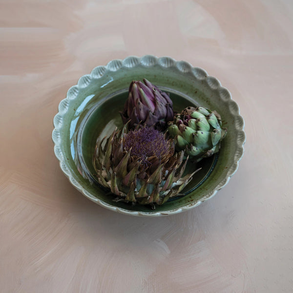 Sophie Reactive Glaze Bowl Styled with Artichokes